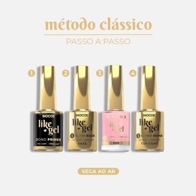 Conjunto de quatro vernizes para unhas INOCOS em cores preto, dourado, rosa e dourado