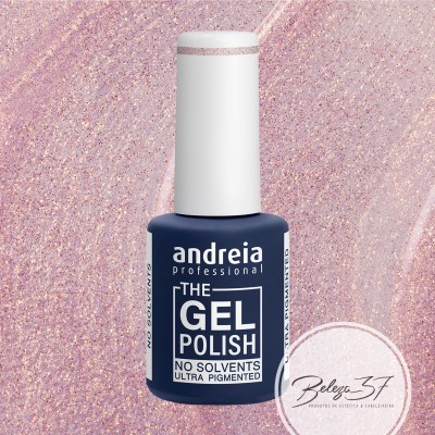 frasco de verniz gel azul escuro Andreia Professional com tampa branca em fundo rosa glitter
