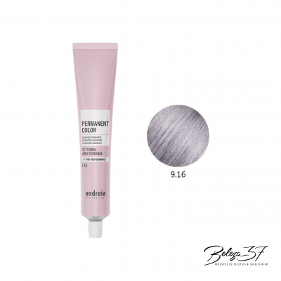 Tubo rosa de tinta de cabelo Andreia com código 9.16 em círculo cinza prateado