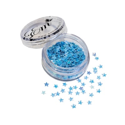 Frasco transparente com lantejoulas azuis em forma de estrela