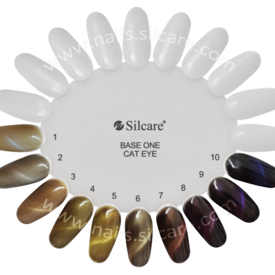 Amostras de verniz para unhas dourado a castanho com efeito Cat Eye num suporte branco