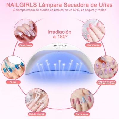 Lâmpada secadora de unhas branca com luzes azuis, texto explicativo em espanhol no fundo rosa