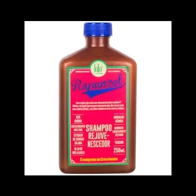 Frasco castanho de champô Rapunzel com etiqueta vermelha e tampa azul