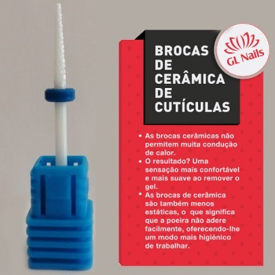 Broca cerâmica branca para cutículas com base azul ao lado de texto explicativo GL Nails