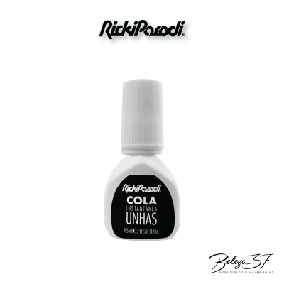 Frasco da cola instantânea para unhas RickiParodi com rótulo preto sobre fundo branco