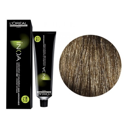 Creme coloração cabelo L'Oréal INOA embalagem preta e amostra cor castanho claro dourado