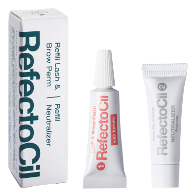 Conjunto RefectoCil com dois tubos de produtos cosméticos e embalagem de papel branca com texto