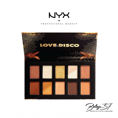 Paleta de sombras NYX Love Disco com 10 cores neutras e douradas, embalagem preta com decoração dourada