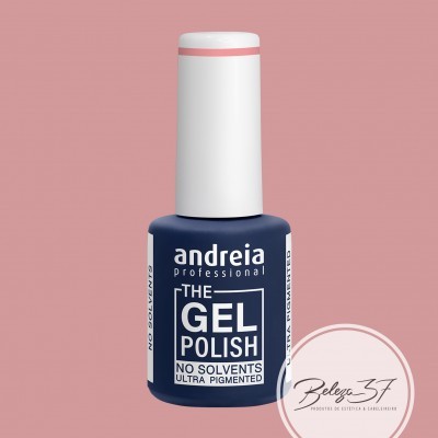 Verniz gel azul escuro Andreia Professional com tampa branca e selo Beleza 3F em fundo cor de rosa