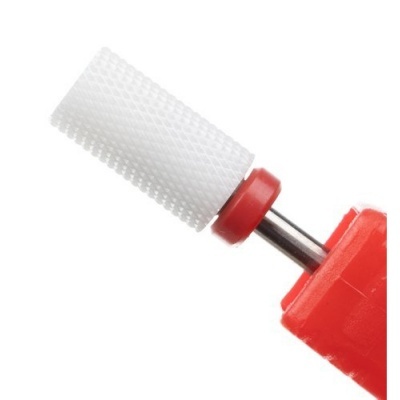 Broca de manicure branca e vermelha com superfície texturizada cilíndrica