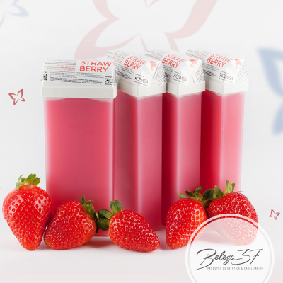 Cartuchos de cera depilatória rosa STRAW BERRY com morangos e logótipo Belezas 37