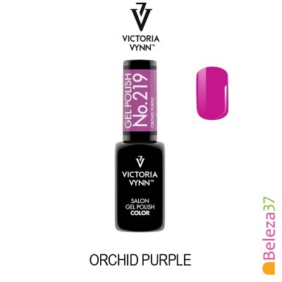 Frasco de verniz em gel roxo Victoria Vynn No. 219 com amostra de cor roxa