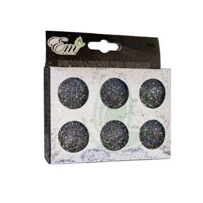 Decoração para unhas com glitter holográfico prateado em embalagem com seis recipientes