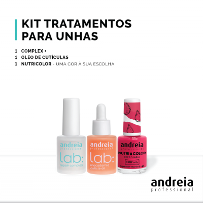Kit tratamentos para unhas andreia professional com três frascos sobre fundo branco