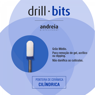 Embalagem de ponteira de cerâmica cilíndrica para broca Andréia Professional com texto e design azul