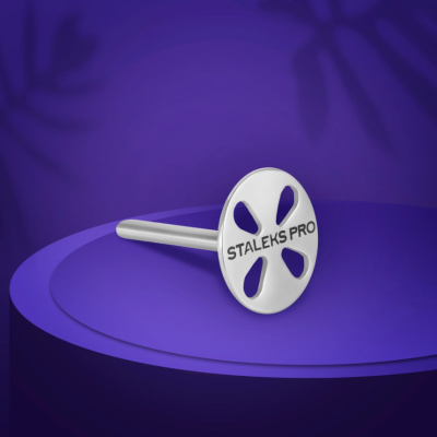 Anel metálico prateado com inscrição STALEKS PRO sobre superfície roxa