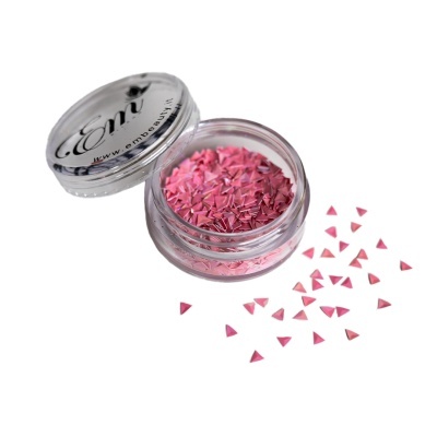 Frasco transparente com pó decorativo rosa em triângulos e tampa com texto