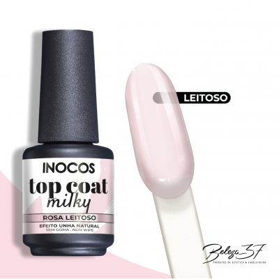 Frasco de verniz INOCOS top coat milky cor rosa leitoso com amostra da cor