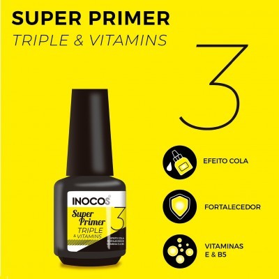 Frasco preto de Super Primer TRIPLE & VITAMINS INOCOS com fundo amarelo e texto