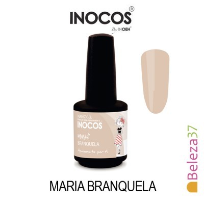 Frasco de verniz gel INOCOS Maria Branquela com amostra da cor bege nude