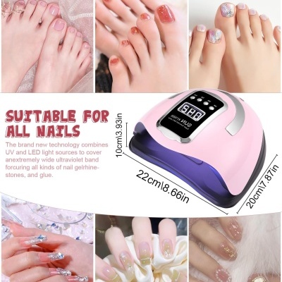 Equipamento rosa para manicure com visor digital e várias fotos de unhas pintadas nas mãos e pés.