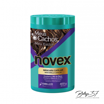 Frasco de máscara capilar Novex Meus Cachos Meu Estilo, 400g, verde azulado com rótulo roxo e amarelo