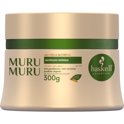 Frasco de manteiga nutritiva corporal Haskell Muru Muru 300g em embalagem bege com tampa verde