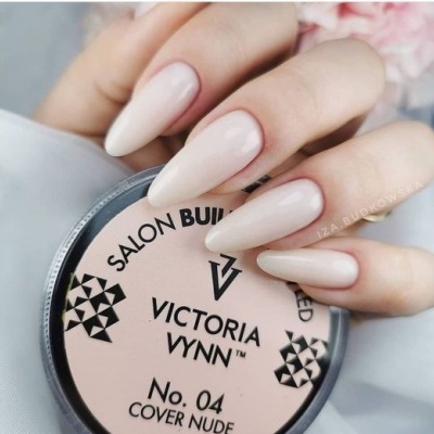 Unhas alongadas nude brilhantes e pote rosa VICTORIA VYNN