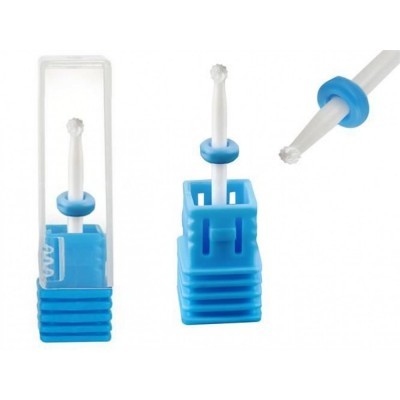 Broca de cerâmica branca para manicure com base azul e embalagem plástica transparente