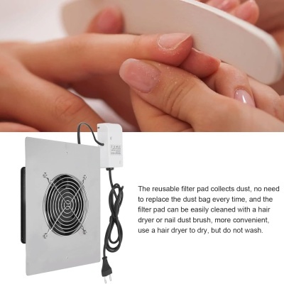 Ventilador de aspiração portátil branco com cabo e texto explicativo