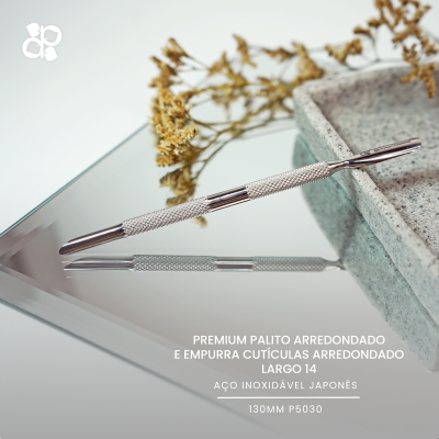 Palito arredondado em aço inoxidável japonês com texto descritivo e flores secas de fundo