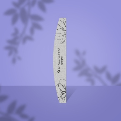 Lima de unhas cinzenta com padrão floral e texto STALEKS PRO 180/240