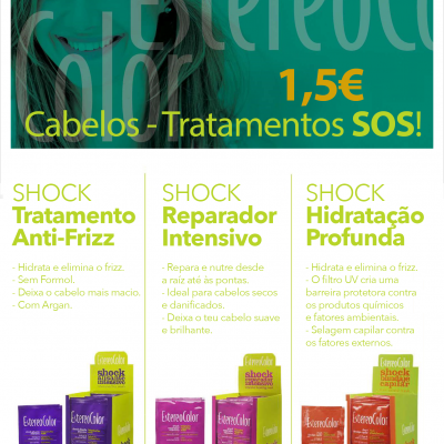 Três caixas coloridas de tratamentos capilares Estereo Color com descrições em português e preço 1,5€