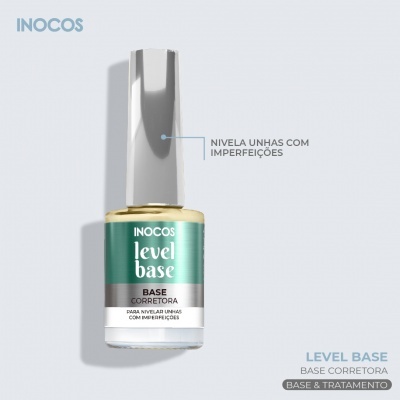 Frasco de verniz para unhas INOCOS Level Base com rótulo verde e branco