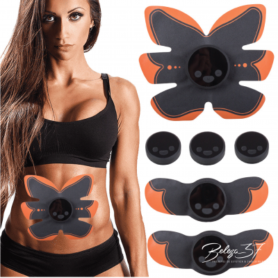 Dispositivos de eletroestimulação musculares pretos e laranjas para abdómen e outras áreas