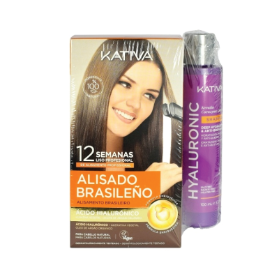 Pack de alisado de cabelo Kativa Alisado Brasileño com ácido hialurônico e frasco spray