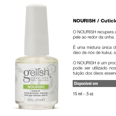 Frasco de óleo para cutículas Gelish NOURISH com tampa branca e rótulo verde e branco.