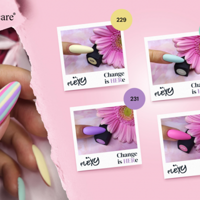 Vernizes Flexy em várias cores pastel com flor cor de rosa, unha pintada em tons pastel e marca Silcare