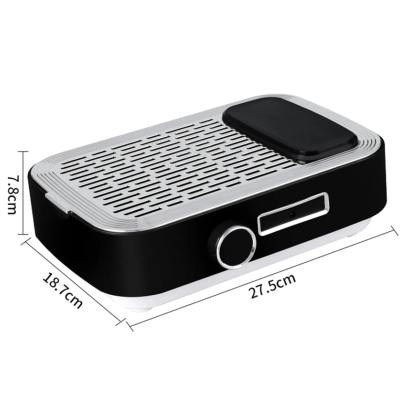 Aparelho elétrico preto com grelha metálica e controlo frontal