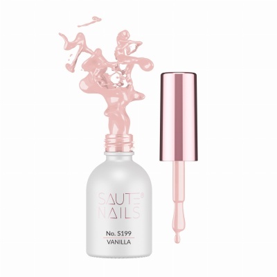 frasco de verniz de unhas rosa Vanilla SAUT NAILS com tampa rosa metalizada e verniz a fluir