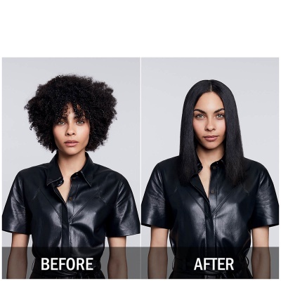 Antes e depois de cabelo encaracolado para liso com camisa preta de couro