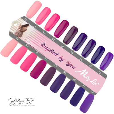 Cartela de vernizes com vários tons de rosa a roxo e texto 'Inspired by You Molly Lac'