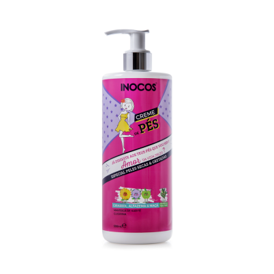 Frasco rosa e branco com doseador do creme para pés INOCOS 500ml