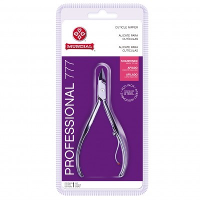 Corta cutículas aço inox da Mundial em embalagem plástica transparente com fundo roxo