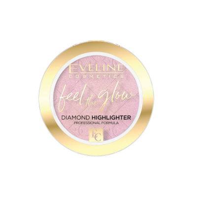 Pó iluminador Eveline Cosmetics com embalagem dourada e pó rosa brilhante