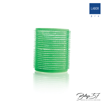 Rolo de cabelo verde sobre fundo branco com texto LABOR pro e logo Beleza 3F.