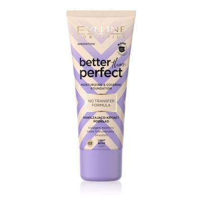 Base de maquilhagem Eveline Cosmetics Better Than Perfect em tubo lilás e bege com texto e padrão geométrico.