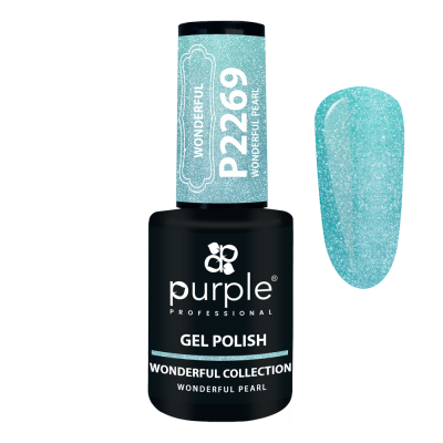 Verniz gel Purple Professional cor P2269 Wonderful Pearl em embalagem preta com tampa azul turquesa perlada
