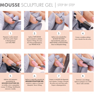 Passos para aplicação de gel escultural mousse em unhas com imagens passo a passo