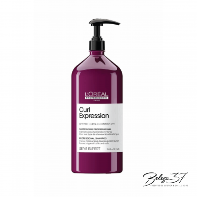 Frasco roxo de shampoo L'Oréal Curl Expression com tampa preta e rótulo branco